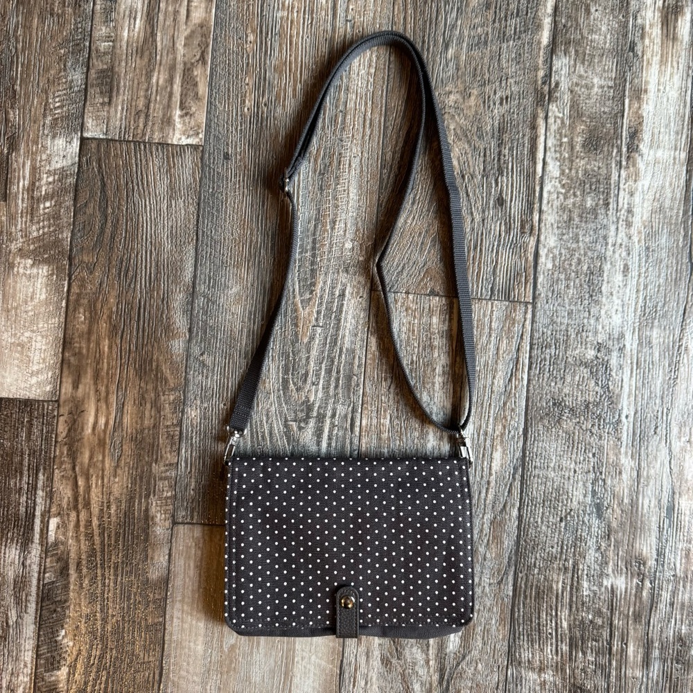 Thirty One Double Up Crossbody Purse Gray White Polka Dot With Turquoise Lining